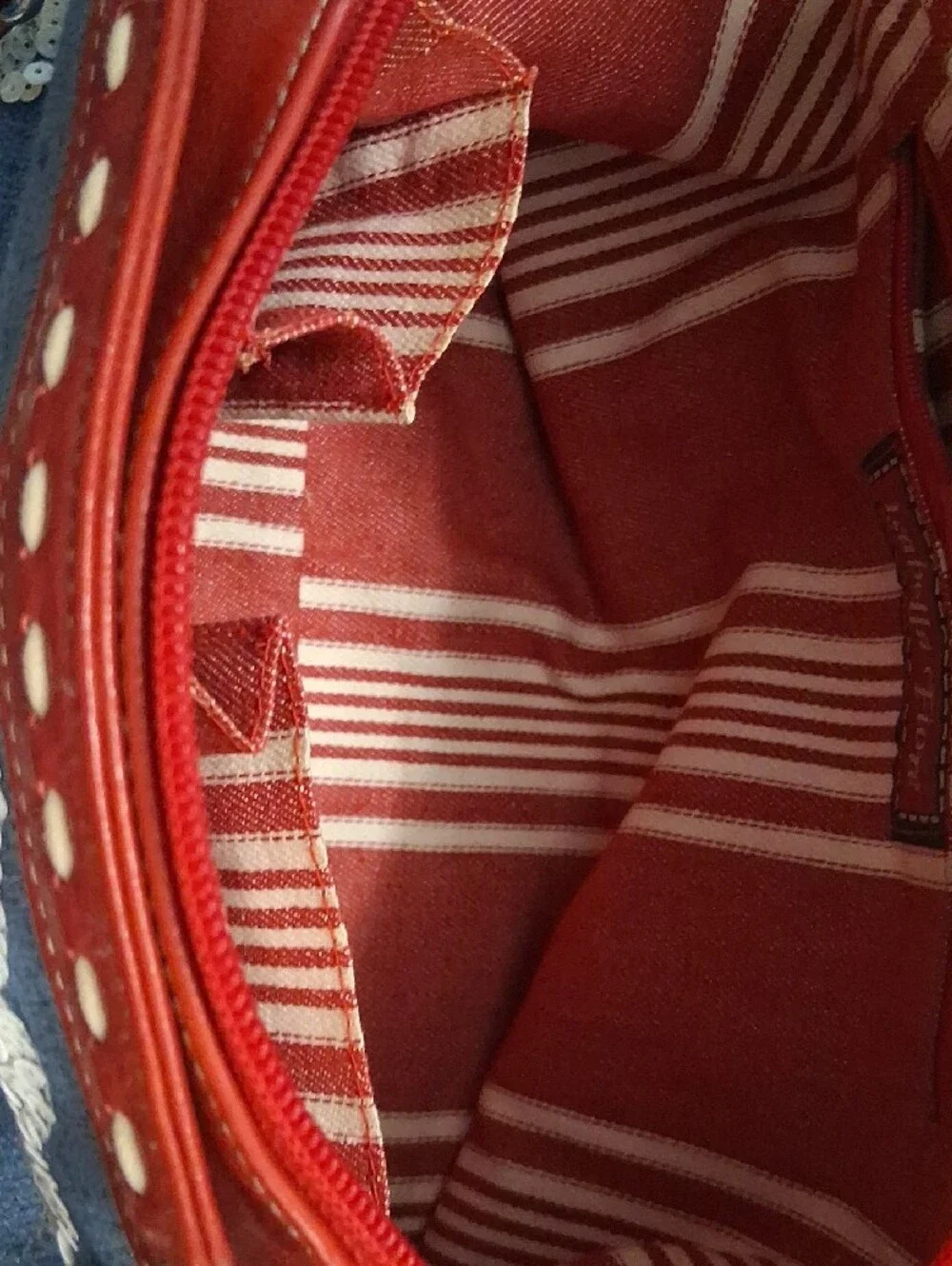Isabella Fiore Blue Denim Seaside Embroidered Tote with Red Trim
